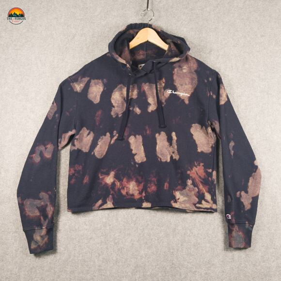Champion Pullover Hoodie Black Cropped Bleach Tie Dye Streetwear Festi Women's M - Picture 1 of 10